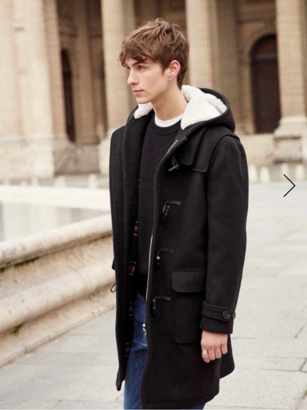 The Kooples Black Hooded Pea Coat with Sherpa Trim